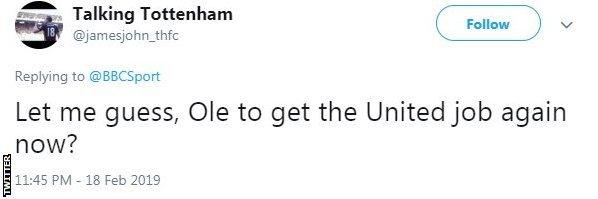 Tweet from Talking Tottenham saying 'Let me guess - Ole to get the United job again now?'