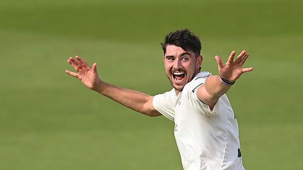 Nottinghamshire fast bowler Josh Tongue celebrates a wicket at Surrey