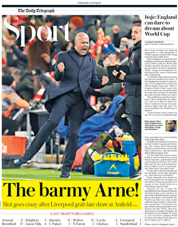 Lead sport page of the Daily Telegraph on 4 December 2025