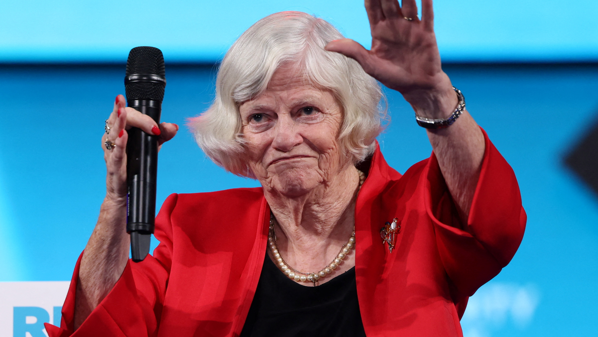 Reform UK party member Ann Widdecombe gestures on stage at the Britain's Reform UK party's national conference in Birmingham, Britain, September 20, 2024