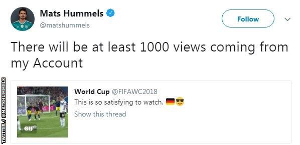 A tweet from Germany centre-back Mats Hummels, joking he will watch the replay of Toni Kroos' winner 1000 times