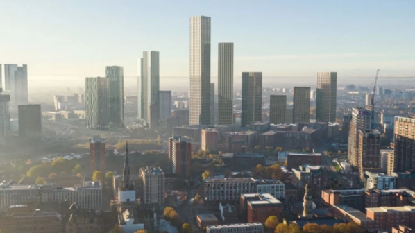 An artist's impression of the tower, standing tall amid a general shot of the Greater Manchester skyline