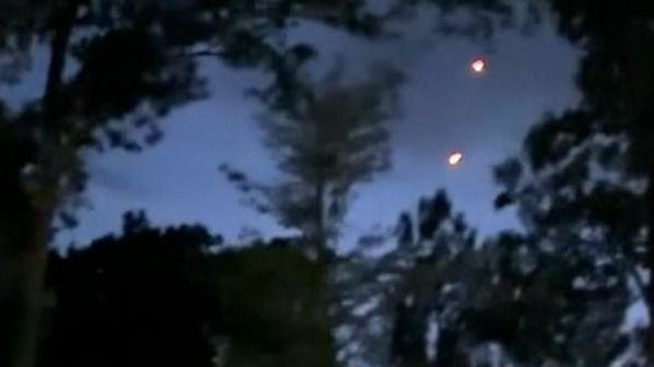 Two bright lights seen through trees in the night sky