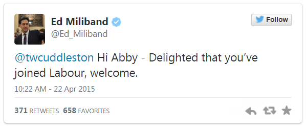 Response from Ed Miliband to Twitter fan Abby - 21 April 2015