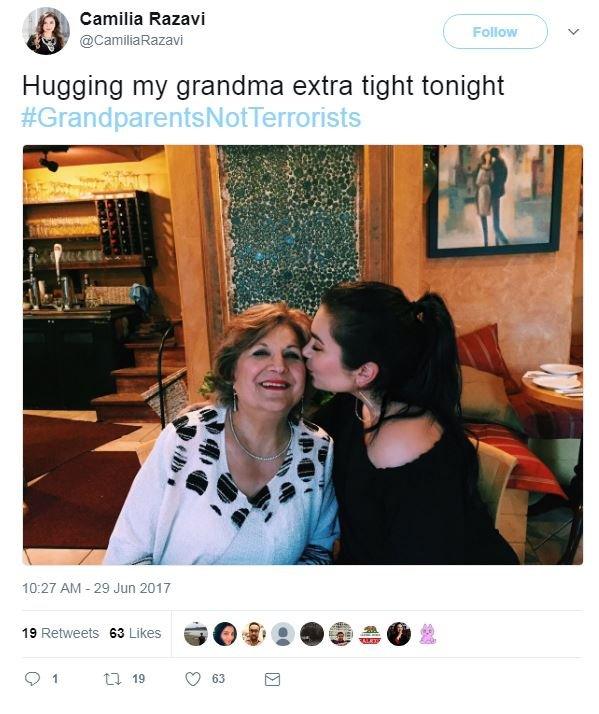 Camilia Razavi shared a picture of herself kissing her beaming grandmother, writing: "Hugging my grandma extra tight tonight."