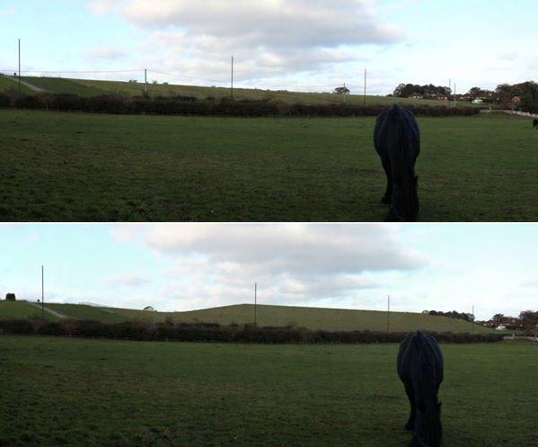 Two pictures, on on top of each other, showing a field with a black horse nibbling on the grass. The second image has a large green mound at the top of the field which is an impression of the new reservoir