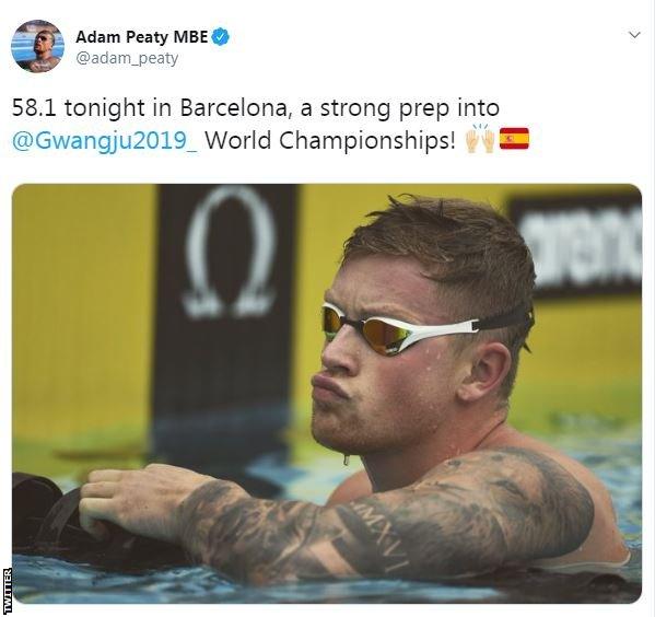 Adam Peaty tweet saying: "58.1 tonight in Barcelona, a strong prep into @Gwangju2019 World Championships!"