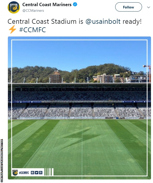 Central Coast Mariners stadium, with lightning bolt on the pitch to welcome Usain Bolt