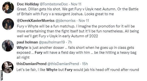 Fans on Twitter predict Tyson Fury v Dillian Whyte. One says 'Fury will have a field day with him' while another says Fury "would jab his head off".