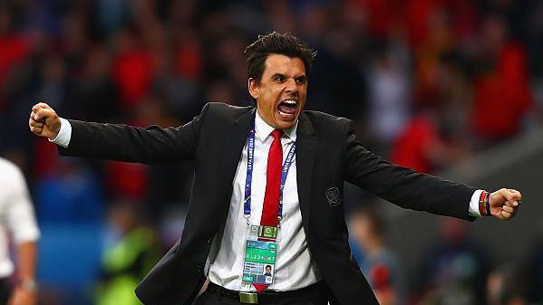 Chris Coleman celebrates during Wales' win over Belgium at Euro 2016  