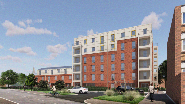 A computer generated image showing a six-storey apartment block where the new flats will be built.