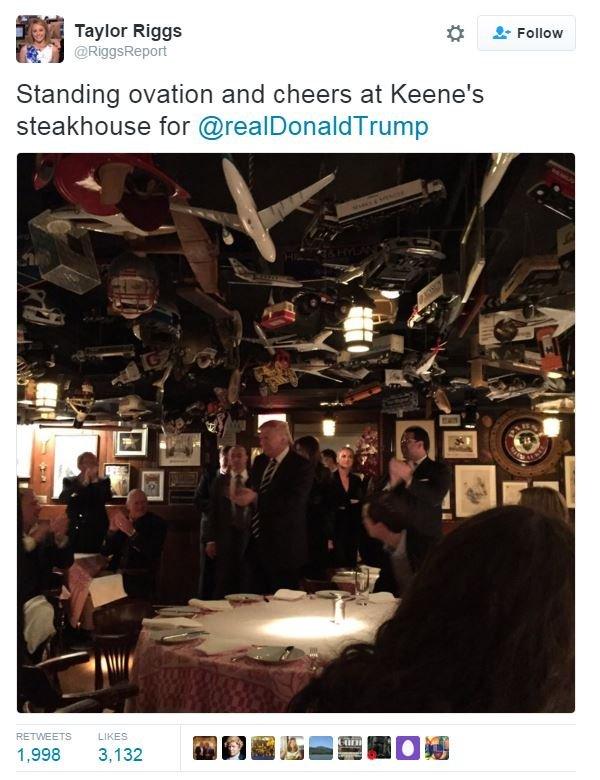 Taylor Riggs tweets: Standing ovation and cheers at Keene's steakhouse for @realDonaldTrump