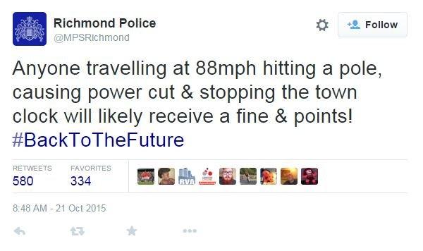 Tweet: Anyone travelling at 88mph hitting a pole, causing power cut & stopping the town clock will likely receive a fine & points! #BackToTheFuture