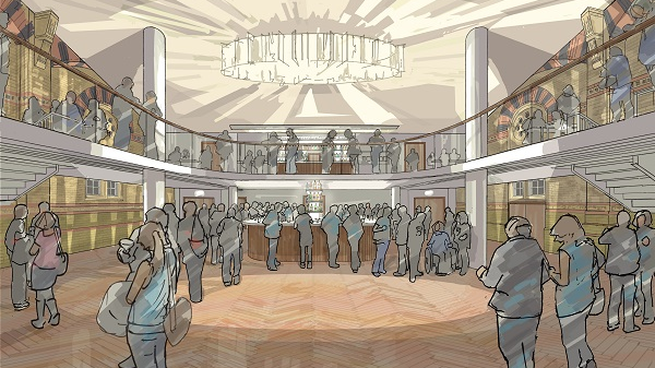 An artist's impression of the inside of the Corn Exchange. It shows a large reception room with a bar that people wait at. People can be seen on an upper level that has a balcony.