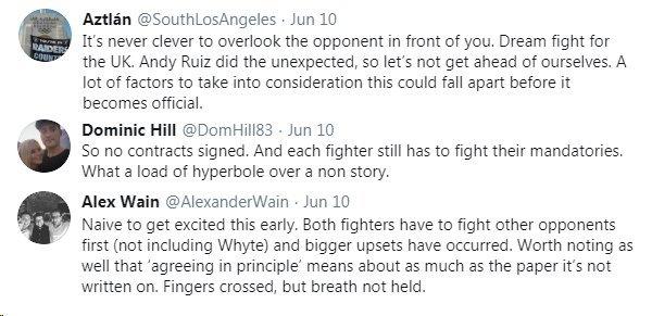 Twitter fans react to news that Tyson Fury and Anthony Joshua have agreed a two-fight deal for 2021. Fans question whether the fight will happen, with one warning both fighters to not overlook their next opponents.