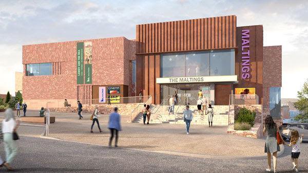 A computer generated image of how The Maltings, an arts venue in Berwick, might look once it's rebuilt. It's a brown building made up of two cubed sections with lots of windows above the entrance. People are walking towards it.