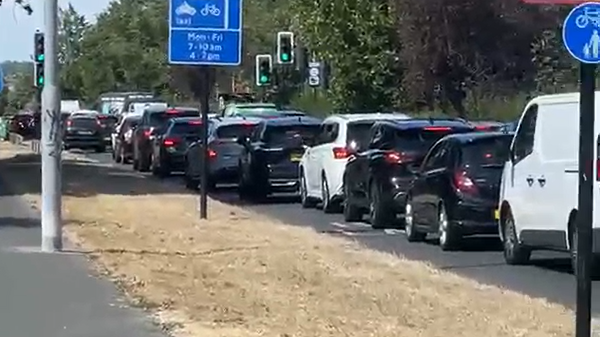 Daytime traffic jam on a road, showing a long queue of cars and a white van stationary near traffic lights, with blue road signs for bus and cycle lanes visible in the foreground.