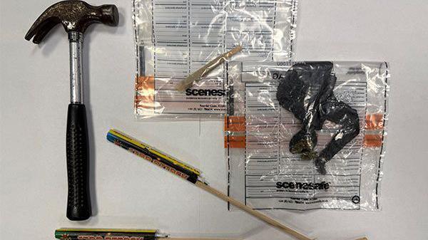 Items seized by police during the dispersal order which include a hammer, two fireworks and cannabis