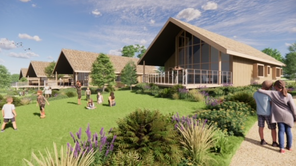 An artist's impression of large wooden lodges, with balconies and big windows. They look out onto green lawns with people on them.