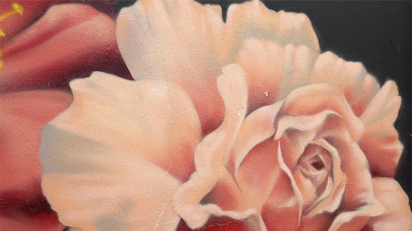 A close up painted pink rose on a wall.