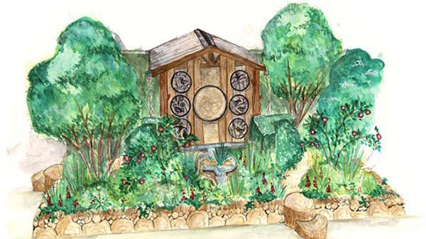 An artist’s impression of the Songbird Survival Garden. It is a painted sketch of a wooden birdhouse surrounded by green trees, bushes and red flowers.