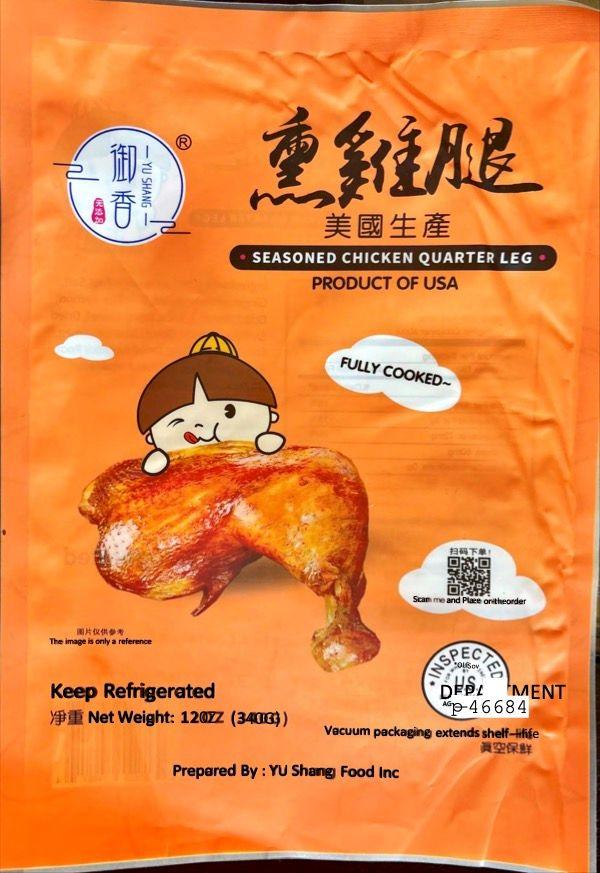 An orange food package advertising seasoned chicken quarter leg, with a picture of a cartoon character and a chicken leg 