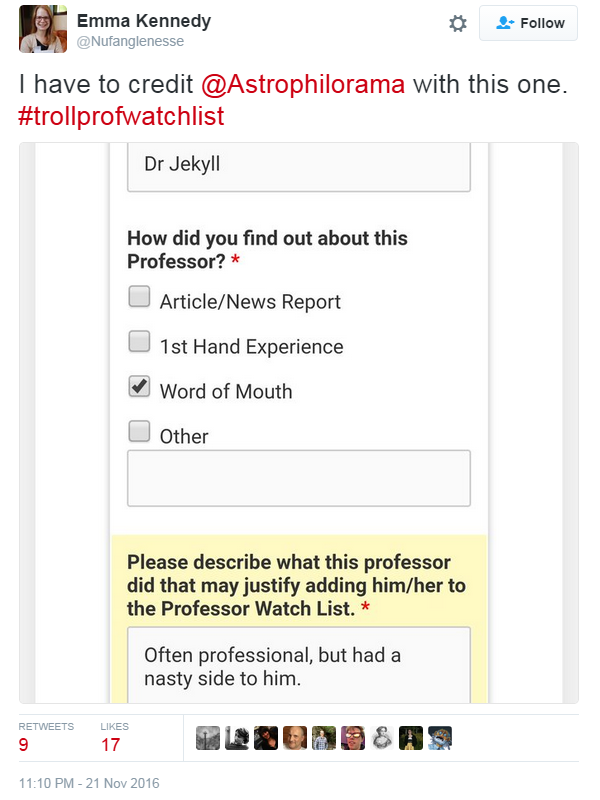 Another tweet showing a Professor Watchlist form, this one reporting Dr Jekyll: Often professional but had a nasty side to him.