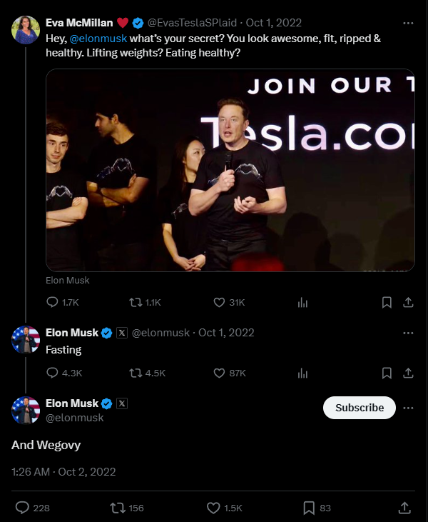 Elon Musk says his weight loss is due to Wegovy/Ozempic on X - Oct 2022