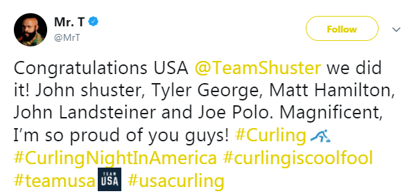 The A Team's Mr T has followed Team Shuster throughout the Olympic Games and he celebrated when USA won gold