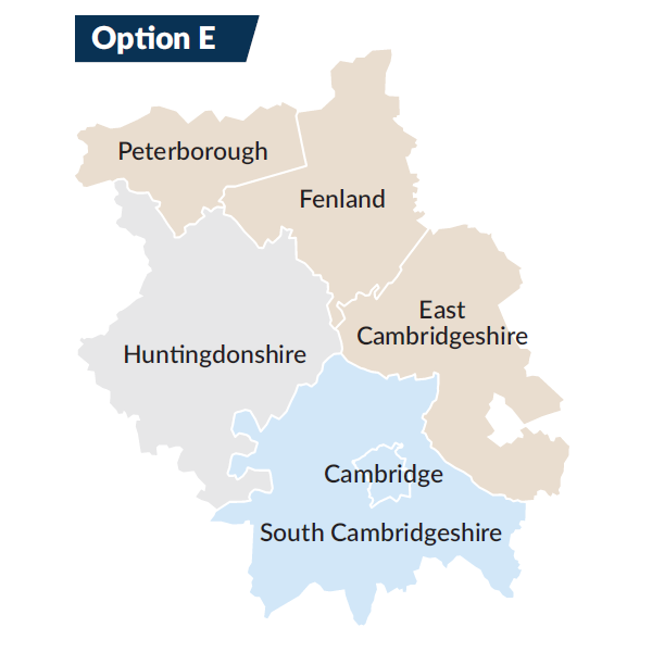 A basic map of Cambridgeshire showing Cambridge and South Cambridgeshire in light blue, Huntingdonshire in grey and Peterborough, Fenland and East Cambridgeshire in light brown.