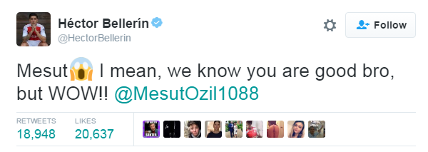 Arsenal defender Hector Bellerin was among those congratulating Mesut Ozil on Twitter