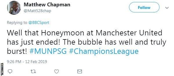 Tweet from Matthew Chapman saying 'Well that honeymoon at Manchester United has just ended'