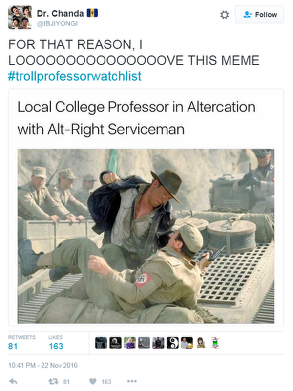 tweet showing Indiana Jones fighting a Nazi. Caption: Local college professor in confrontation with alt-right serviceman.