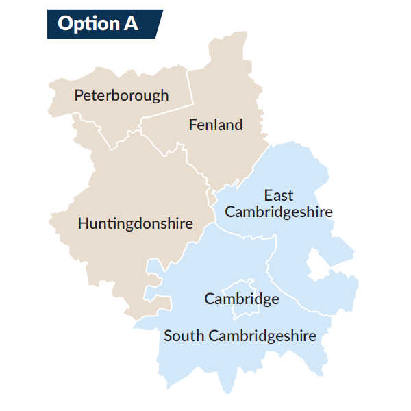A basic map of Cambridgeshire which shows Cambridge, South Cambridgeshire and East Cambridgeshire in blue and Peterborough, Fenland and Huntingdosnhire in light brown.