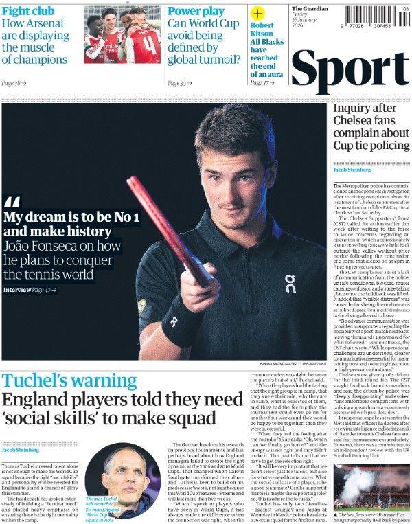 A dynamic action shot of a young, athletic football player, Evann Guessand, wearing a dark blue and red kit while running with the ball.