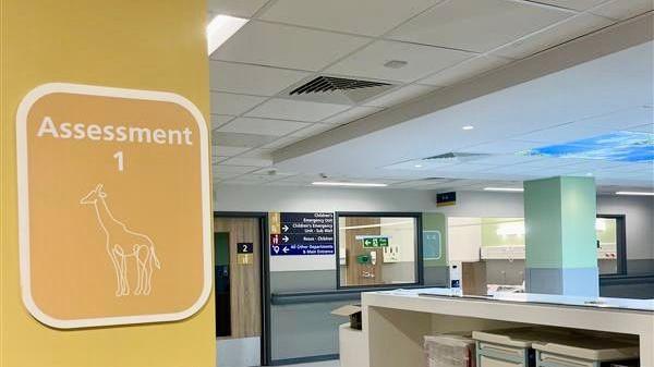 A clean and empty hospital area - no people, but to the left, a sign saying 'Assessment One' with a sketch of a giraffe. In the background, a medical area with windows through to wards.