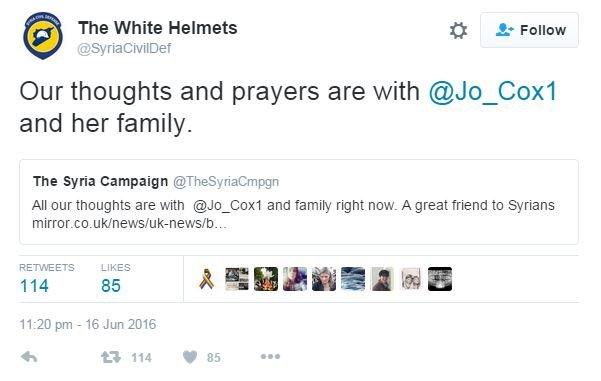 The White Helmets tweet: Our thoughts and prayers are with @Jo_Cox1 and her family.