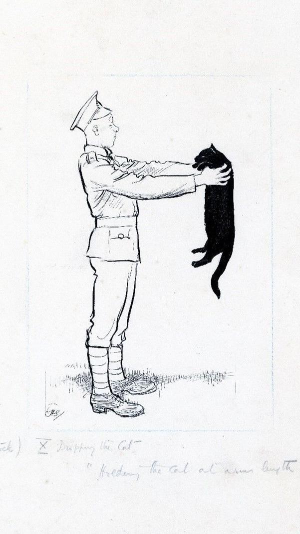 Pen and ink drawing of a First World War soldier. His cap is pushed back on his head and he is holding a black cat by its shoulders at arms length. He and the cat are staring at each other.  