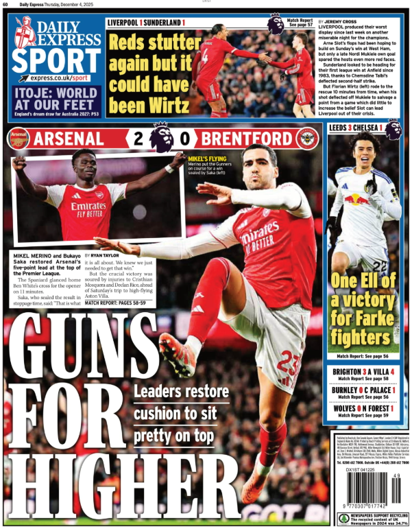 Back page of the Daily Express on 4 December 2025