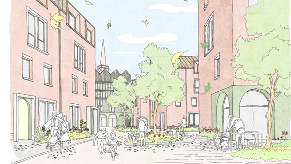 An artists impression of St George's showing trees, red buildings and people in the street.