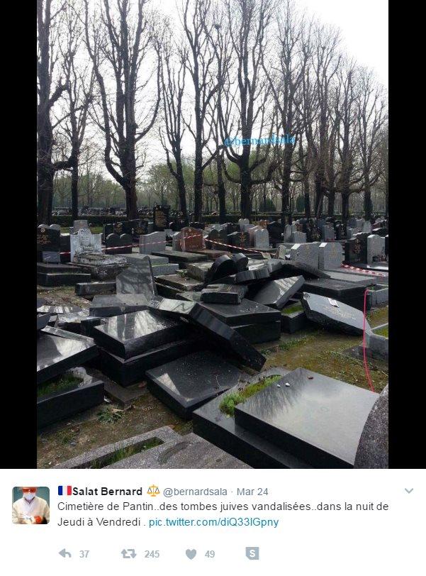 Screenshot of a tweet: 'Pantin cemetery… Jewish tombs vandalised… during the night of Thursday to Friday.'