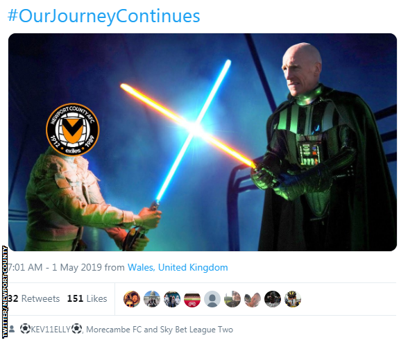 Newport County's Star Wars tweet depicting a fight between Darth Vader (with Kevin Ellison's face) versus a Jedi with the Newport badge as a face