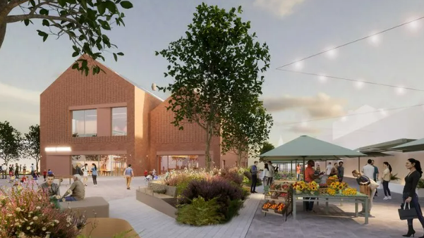 A cgi of the new cinema for Blyth - a brick-built two-storey building 