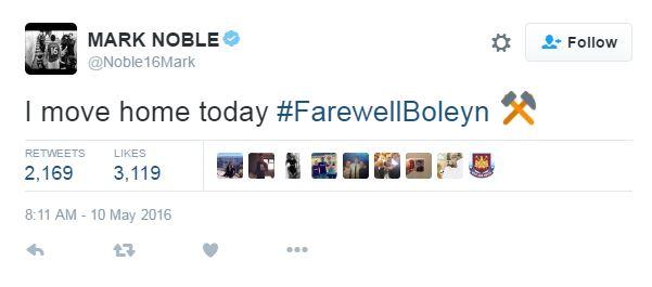 Tweet: I move home today #FarewellBoleyn