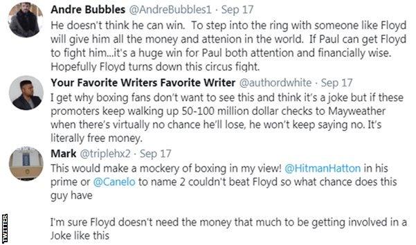 Boxing fans on Twitter react to reports that Floyd Mayweather has been approached by Logan Paul for an exhibition fight. One fan says "hopefully Floyd turns down this circus fight"