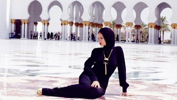 Rihanna outside the Sheikh Zayed Grand Mosque Centre