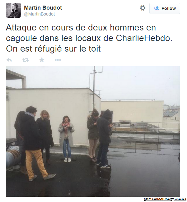 Translation: "Attack by two hooded men on the offices of Charlie Hebdo. We've taken refuge on the roof"