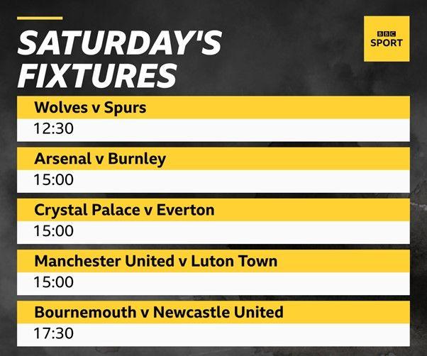 Wolves v Spurs, Arsenal v Burnley, Crystal Palace v Everton, Manchester United v Luton Town, Bournemouth v Newcastle