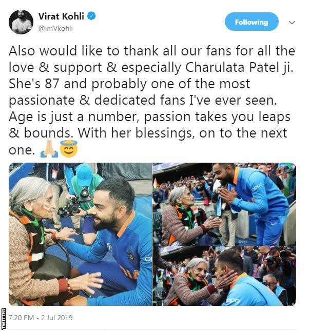 Virat Kohli tweet about meeting Charulata Patel