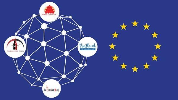 Graphic showing the logos of some fake sites in the network alongside the stars of the European Union